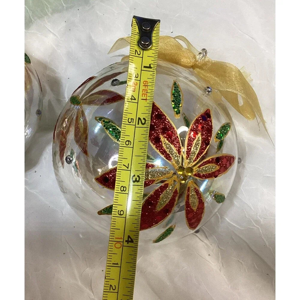 Hand-Blow & Painted Poinsettia  Art Glass Christmas Ornament Set Glitter & Gold